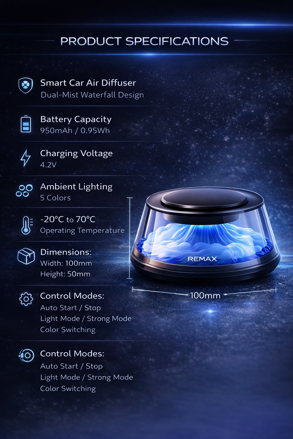 Intelligent Car Air Diffuser · Dual Mist · Auto Start/Stop · Ambient Light