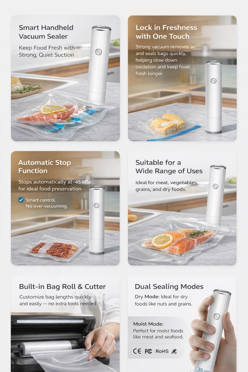 Handheld Vacuum Sealer for Food Storage – Automatic Vacuum Pump, Dry & Moist Foods, Reusable Bags Compatible