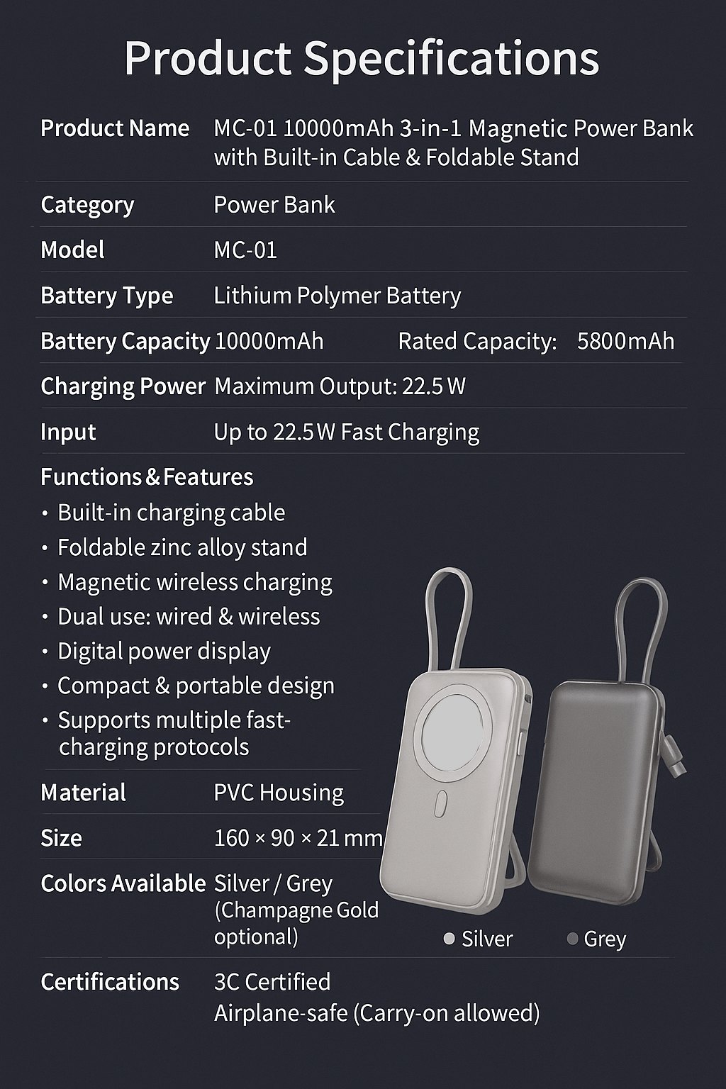 10000mAh Magnetic Wireless Power Bank with Built-in Stand & Fast Charging