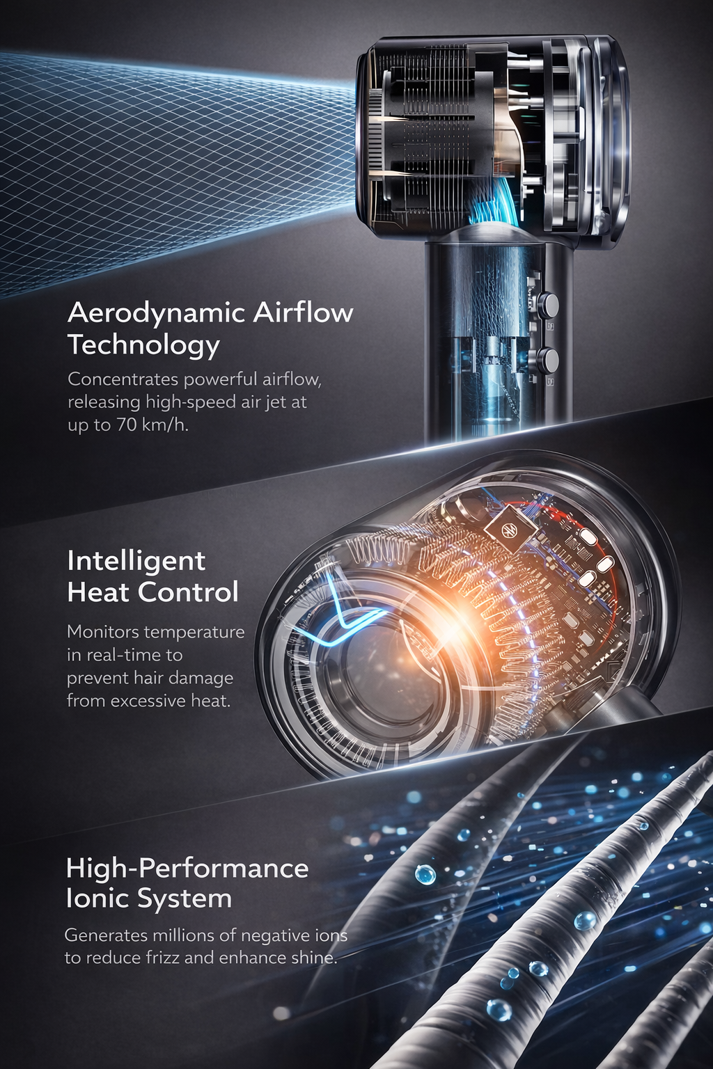 High-Speed Ionic Hair Dryer with Intelligent Temperature Control Fast Drying • Quiet Performance • Salon-Level Results at Home