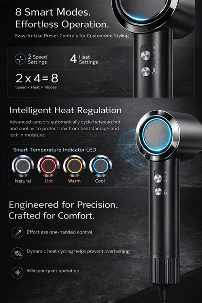 High-Speed Ionic Hair Dryer with Intelligent Temperature Control Fast Drying • Quiet Performance • Salon-Level Results at Home