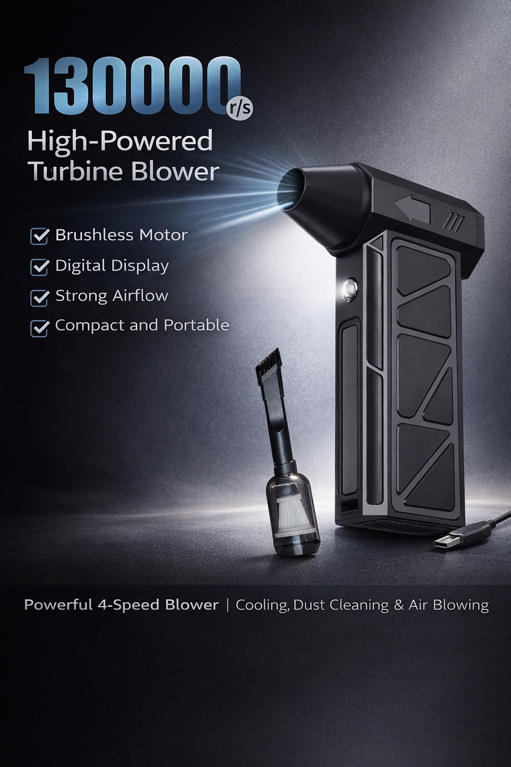 130,000RPM Portable Turbo Air Blower High-Speed Cordless Dust Cleaner & Inflator for Car, Home & Outdoor