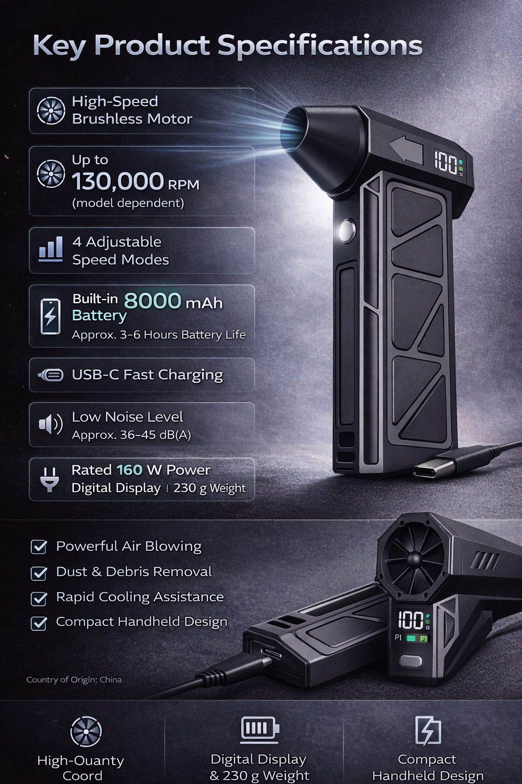 130,000RPM Portable Turbo Air Blower High-Speed Cordless Dust Cleaner & Inflator for Car, Home & Outdoor