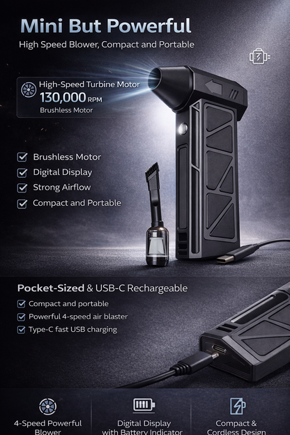 130,000RPM Portable Turbo Air Blower High-Speed Cordless Dust Cleaner & Inflator for Car, Home & Outdoor