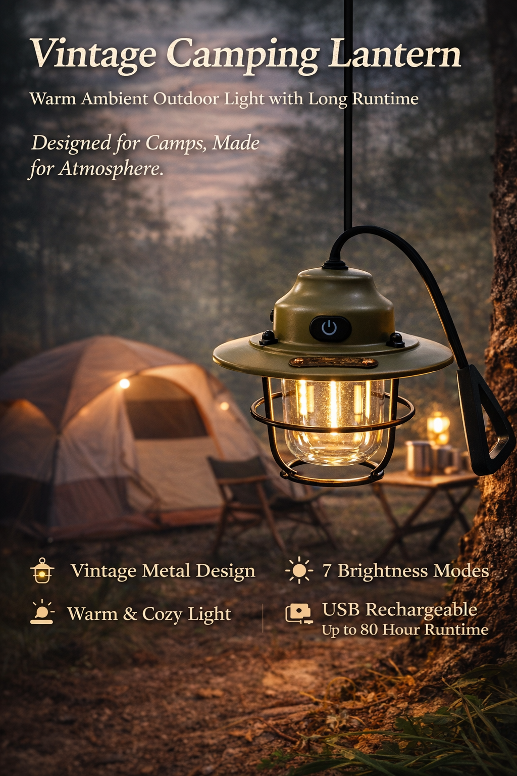 Vintage Pinecone Camping Lantern Rechargeable Hanging Light for Tents & Canopies
