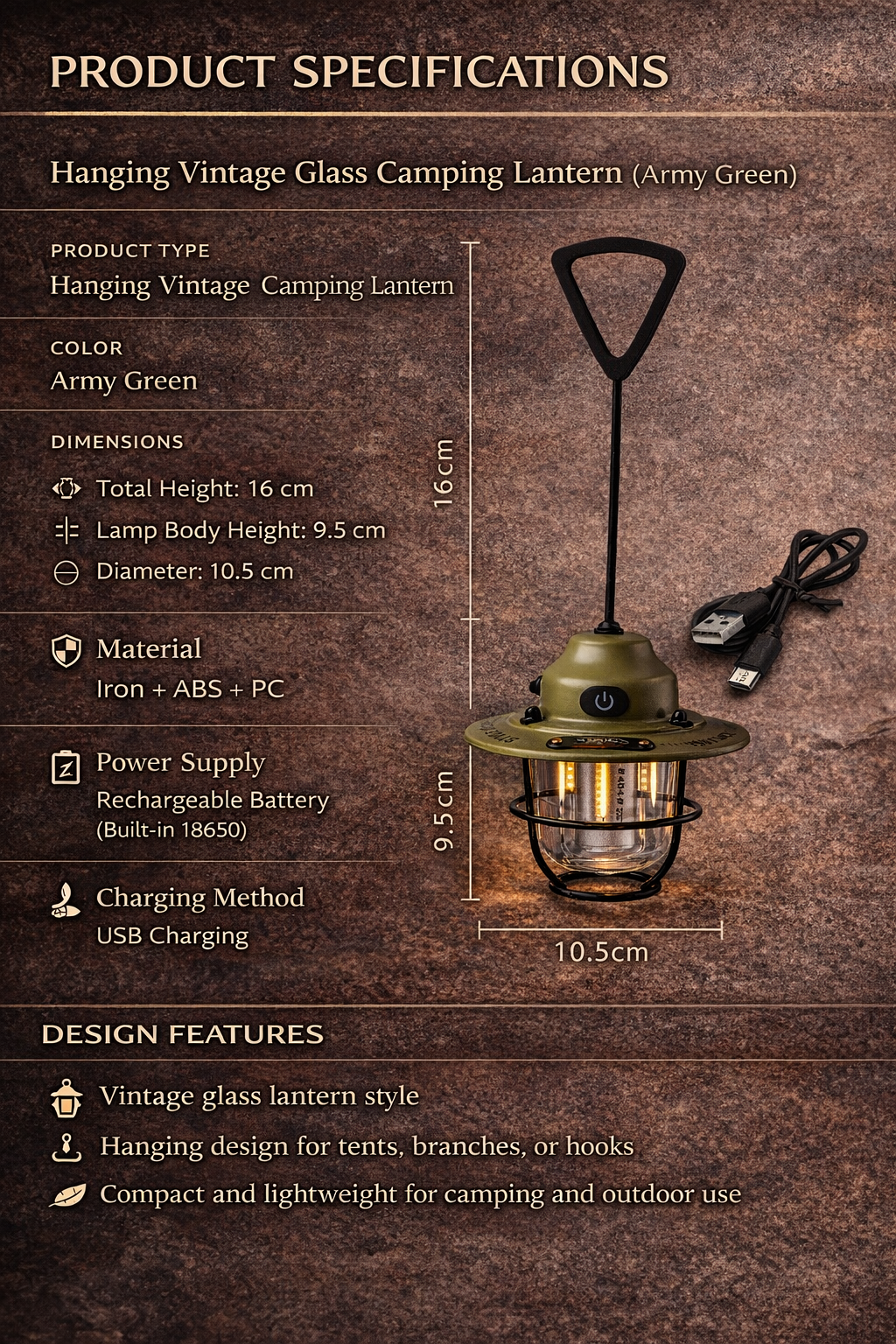 Vintage Pinecone Camping Lantern Rechargeable Hanging Light for Tents & Canopies