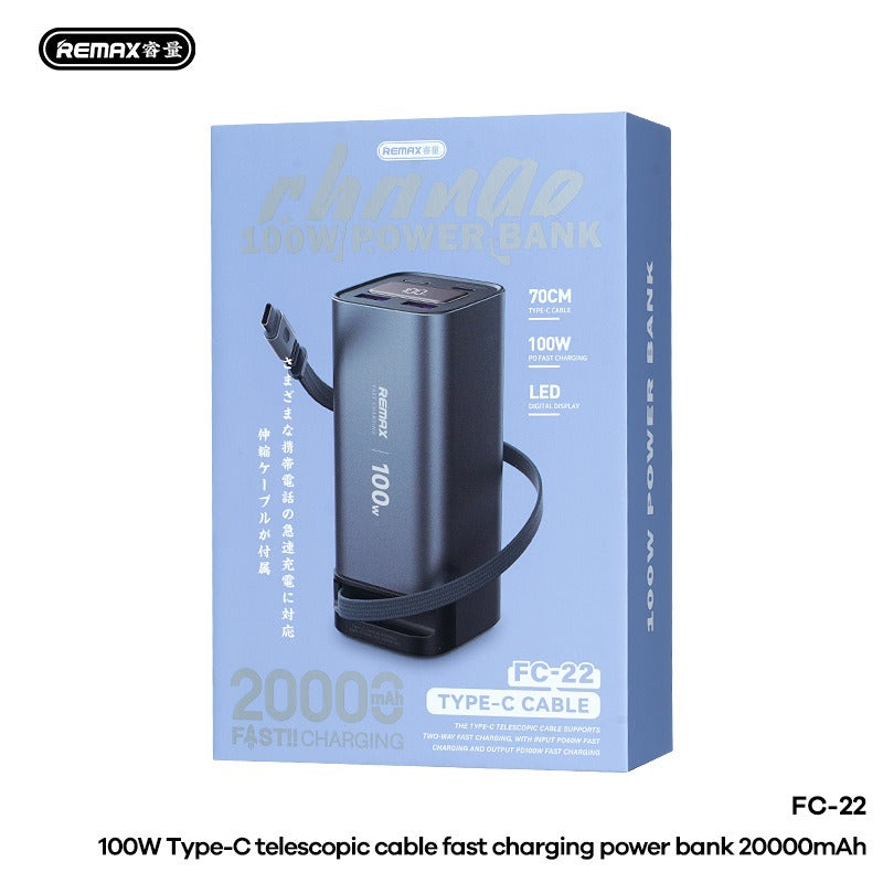 20000mAh 100W Smart Power Bank with Retractable Type-C Cable