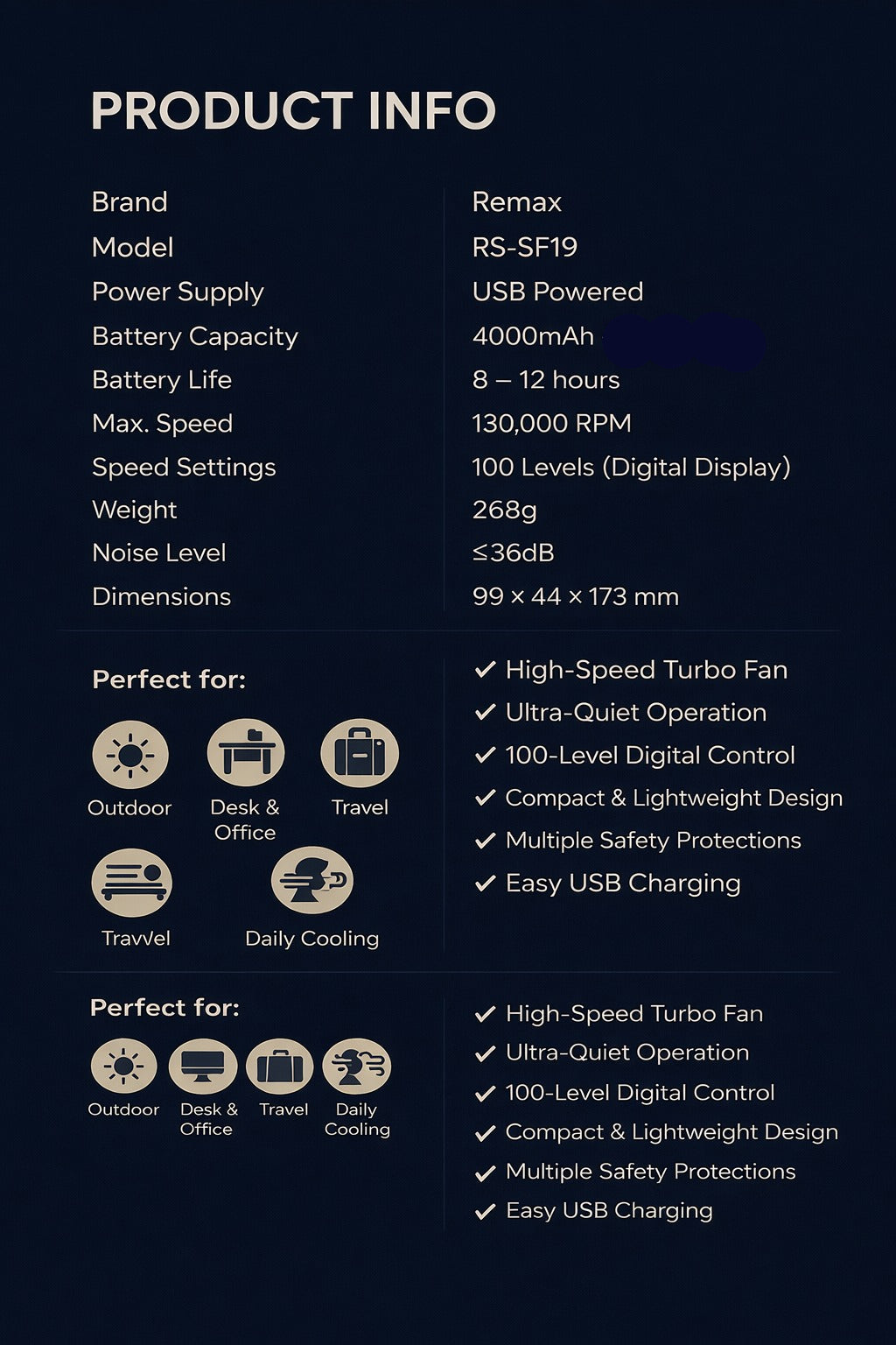 High-Speed Portable Turbo Fan 130,000 RPM | 4000mAh Long Battery | Ultra-Quiet