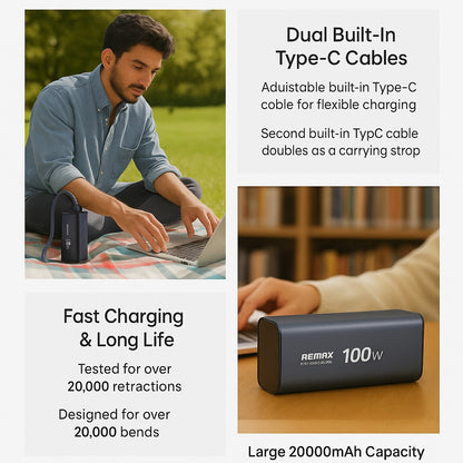 20000mAh 100W Smart Power Bank with Retractable Type-C Cable