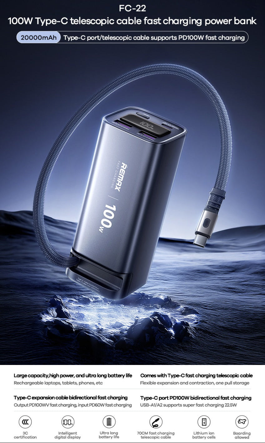 20000mAh 100W Smart Power Bank with Retractable Type-C Cable