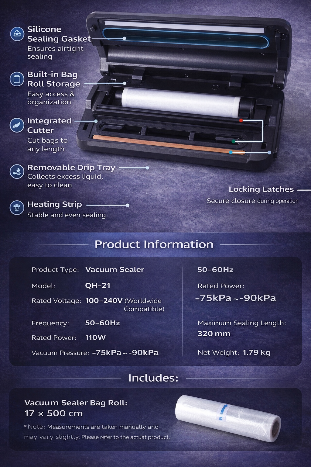 Automatic Vacuum Sealer Machine with Built-in Bag Roll | Dry & Moist Food Sealing