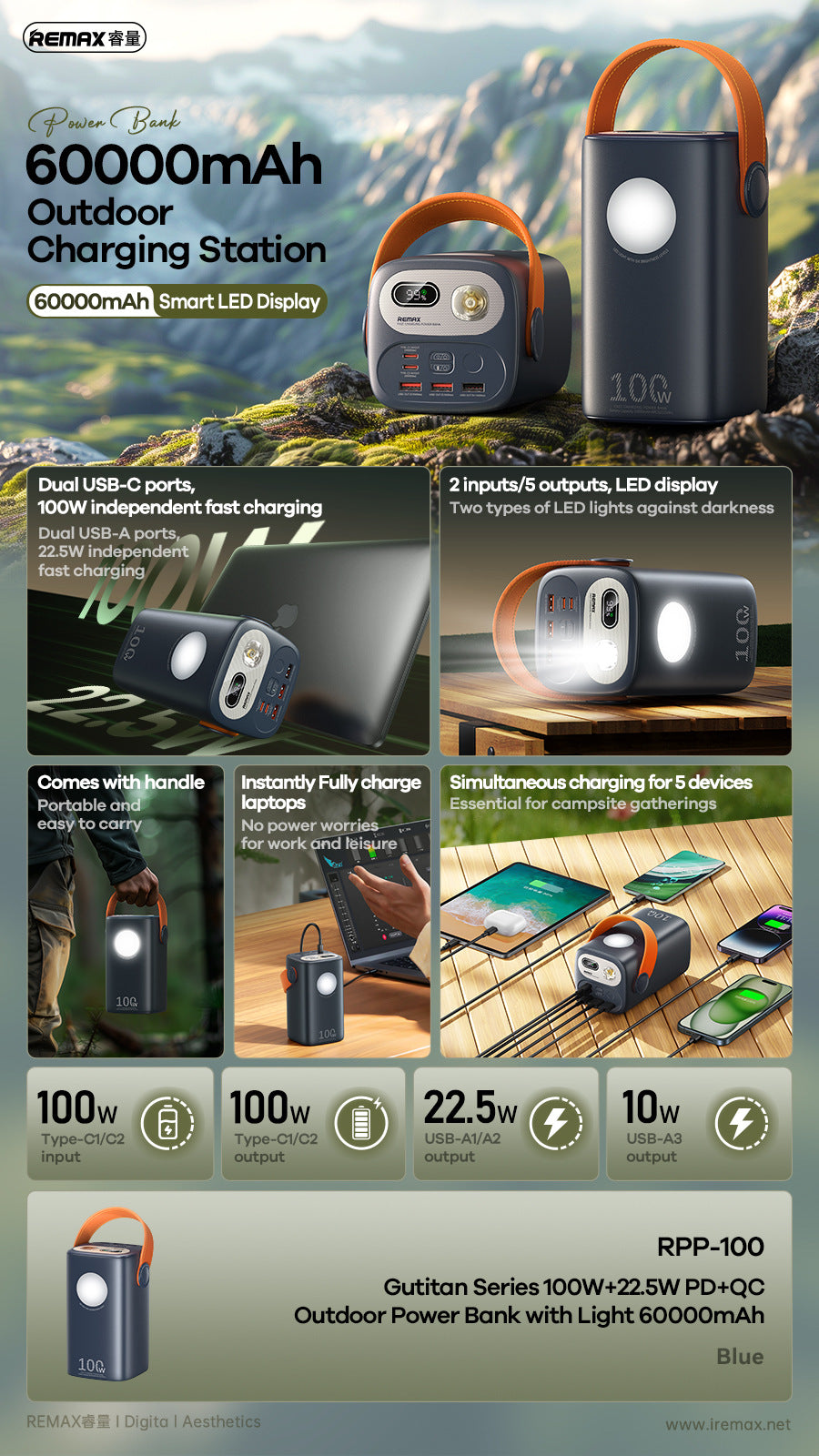 60000mAh 100W Outdoor Power Bank with Light